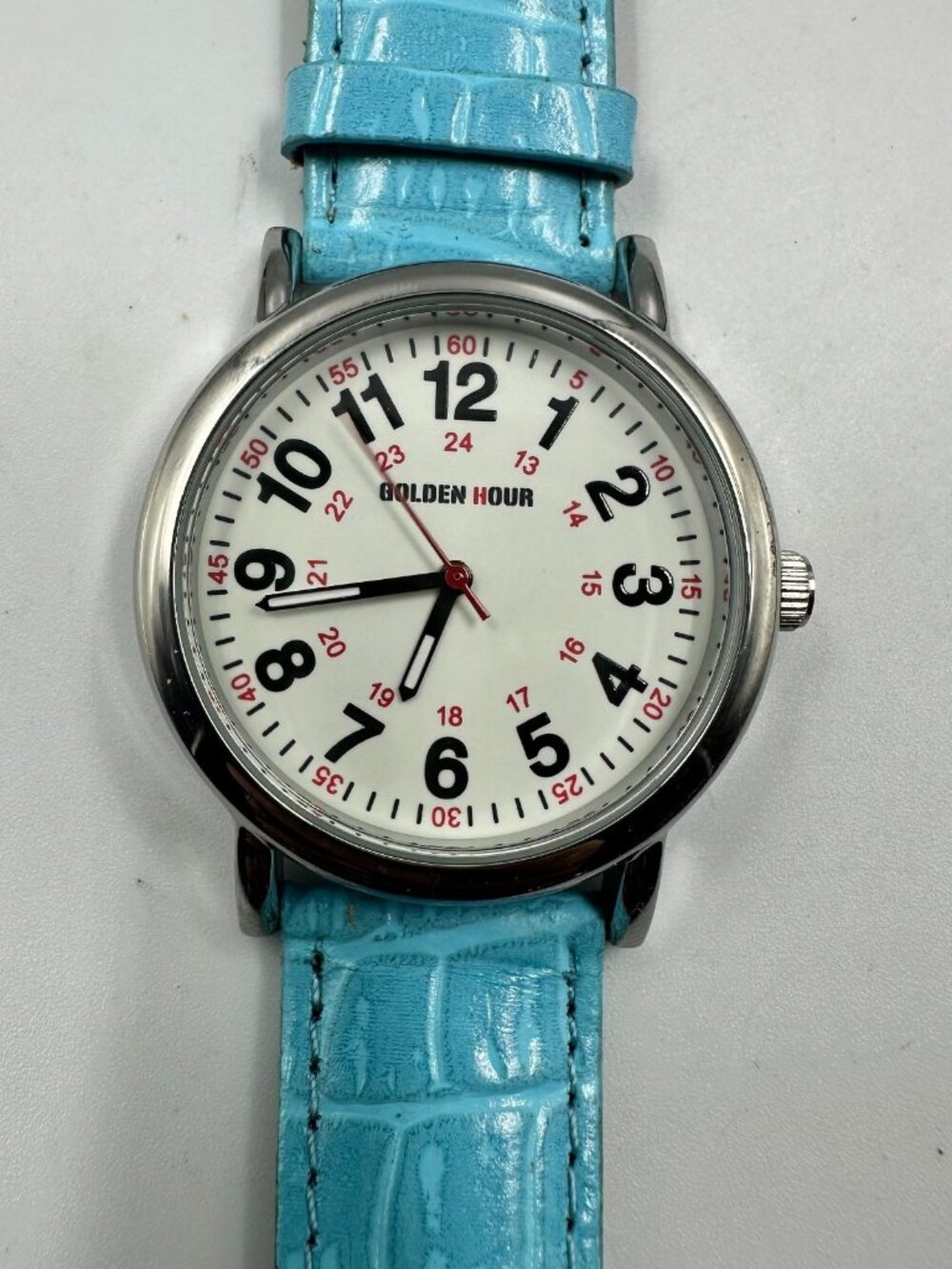 Golden Hour Watch Women Silver Tone Round Dial Blue Leather Band New Battery 9"